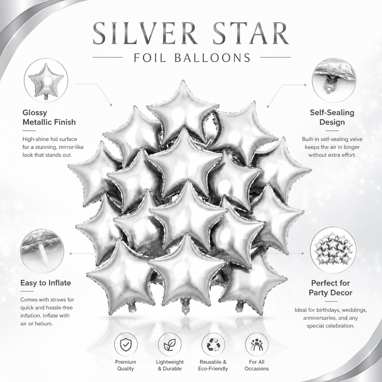 Star Shaped Silver Balloons 9 inches - 25PC