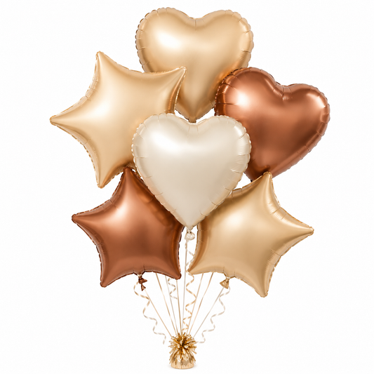 Retro Caramel Coffee & Milky White Star Heart Shaped Balloons Set - 6PC