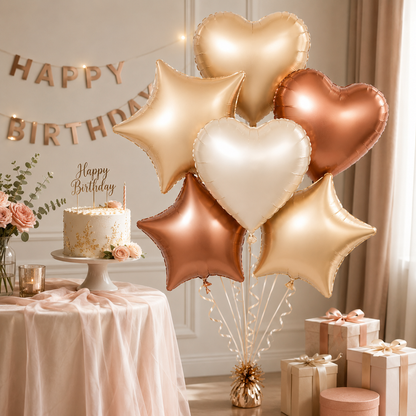 Retro Caramel Coffee & Milky White Star Heart Shaped Balloons Set - 6PC