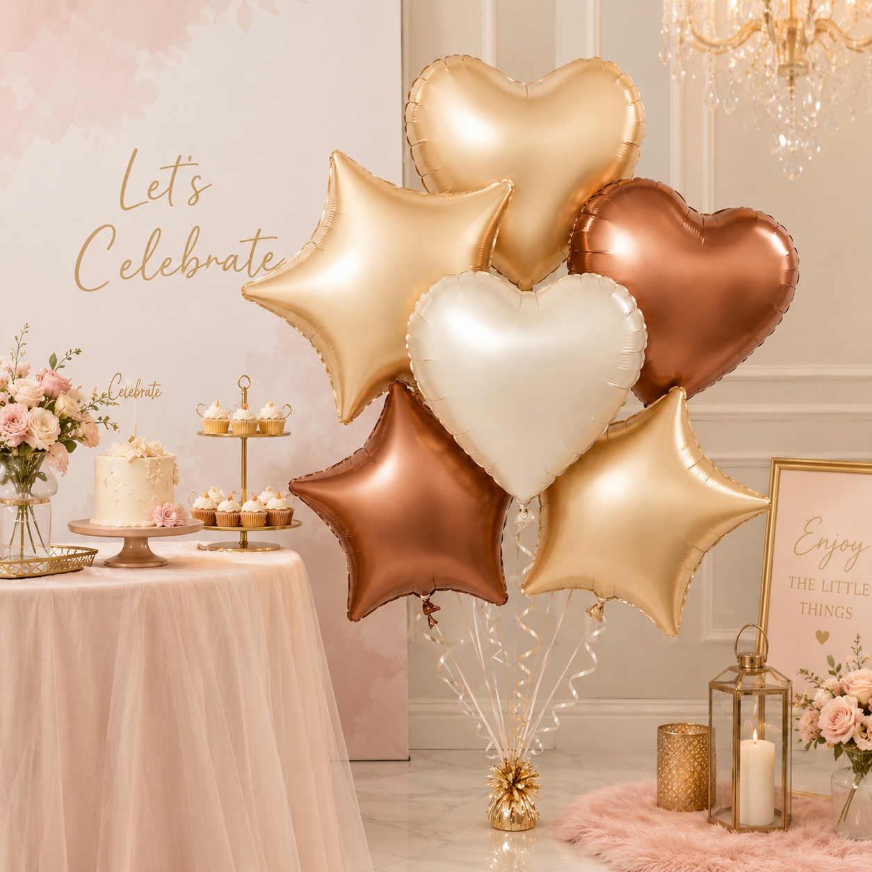 Retro Caramel Coffee & Milky White Star Heart Shaped Balloons Set - 6PC