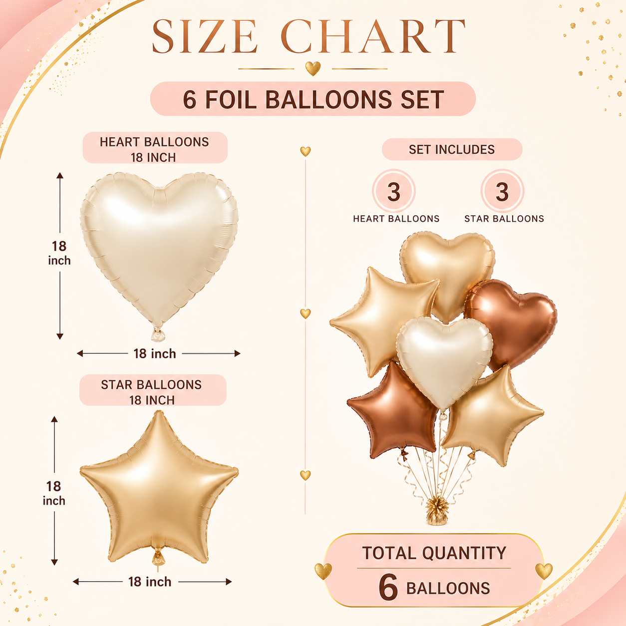 Retro Caramel Coffee & Milky White Star Heart Shaped Balloons Set - 6PC