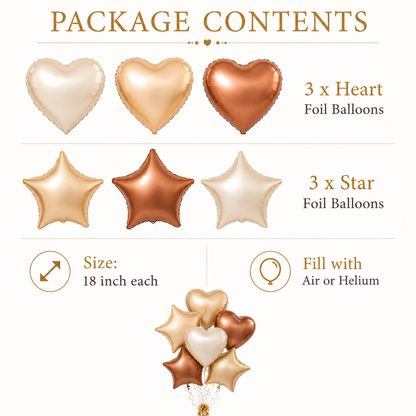Retro Caramel Coffee & Milky White Star Heart Shaped Balloons Set - 6PC