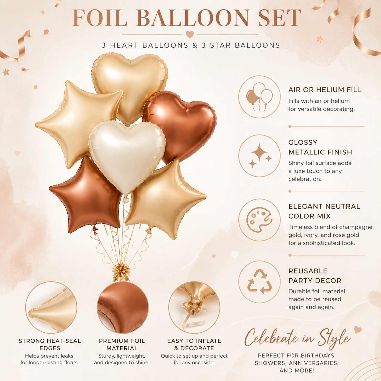 Retro Caramel Coffee & Milky White Star Heart Shaped Balloons Set - 6PC