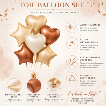 Retro Caramel Coffee & Milky White Star Heart Shaped Balloons Set - 6PC