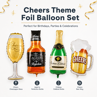 Cheers Beverage Bottle & Mug Shaped Foil Balloons- Set of 4PC
