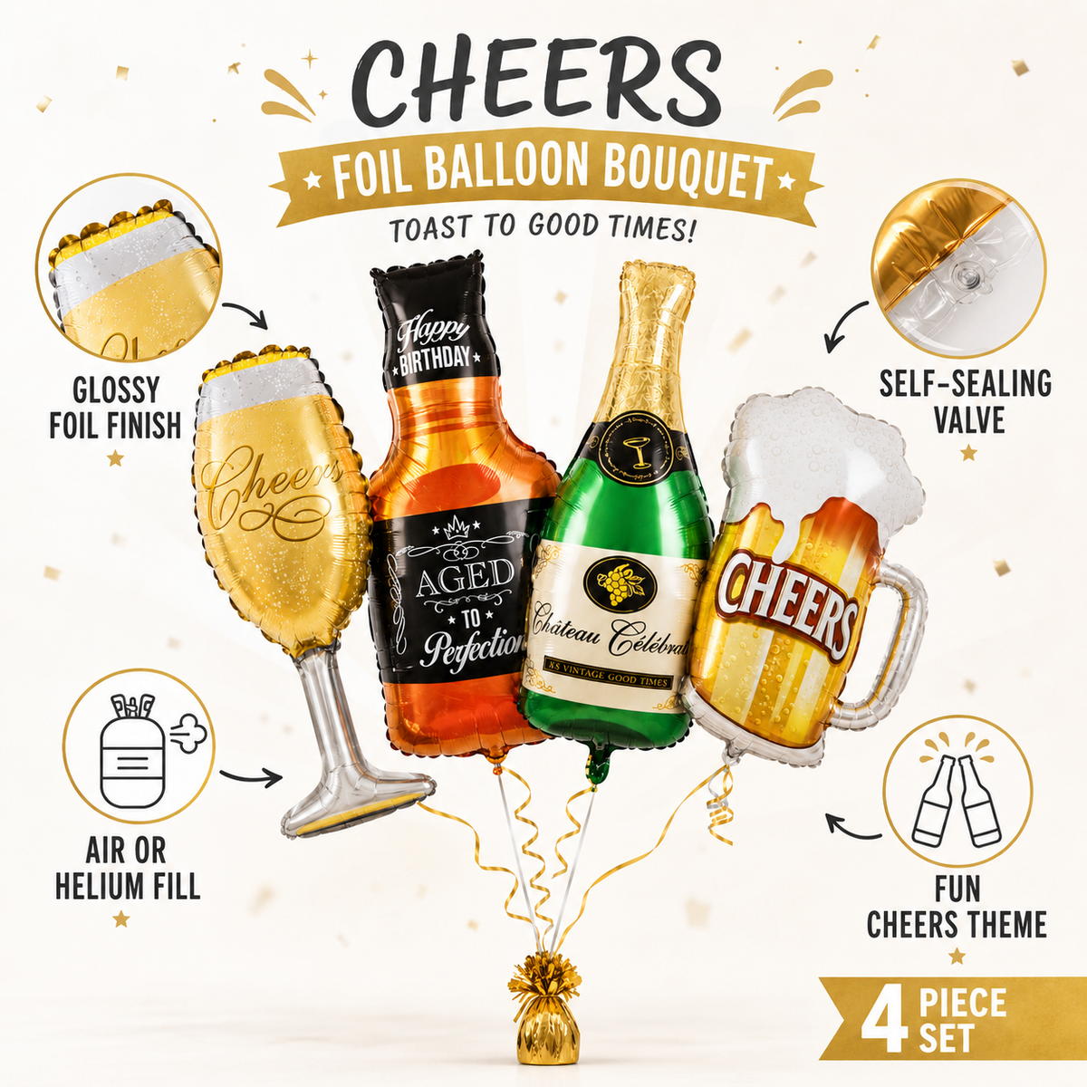 Cheers Beverage Bottle & Mug Shaped Foil Balloons- Set of 4PC