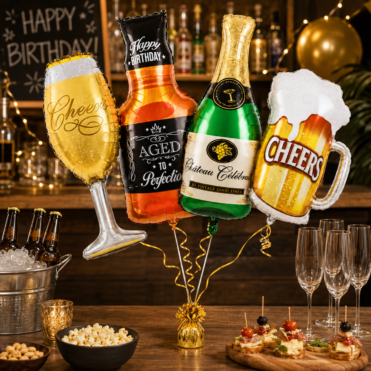 Cheers Beverage Bottle & Mug Shaped Foil Balloons- Set of 4PC