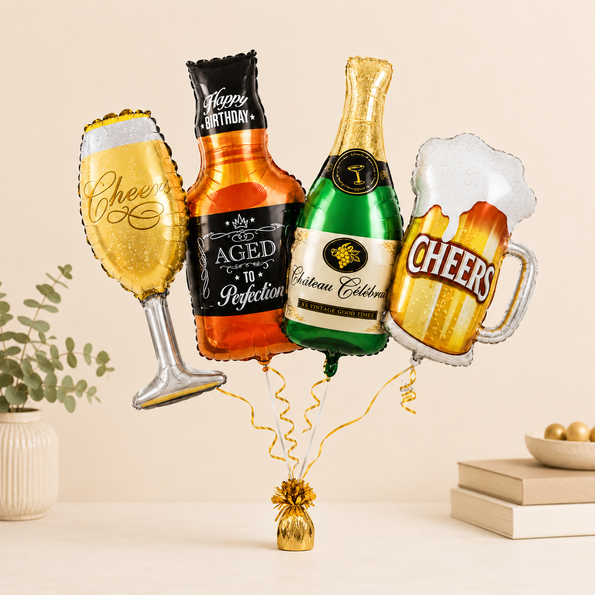 Cheers Beverage Bottle & Mug Shaped Foil Balloons- Set of 4PC