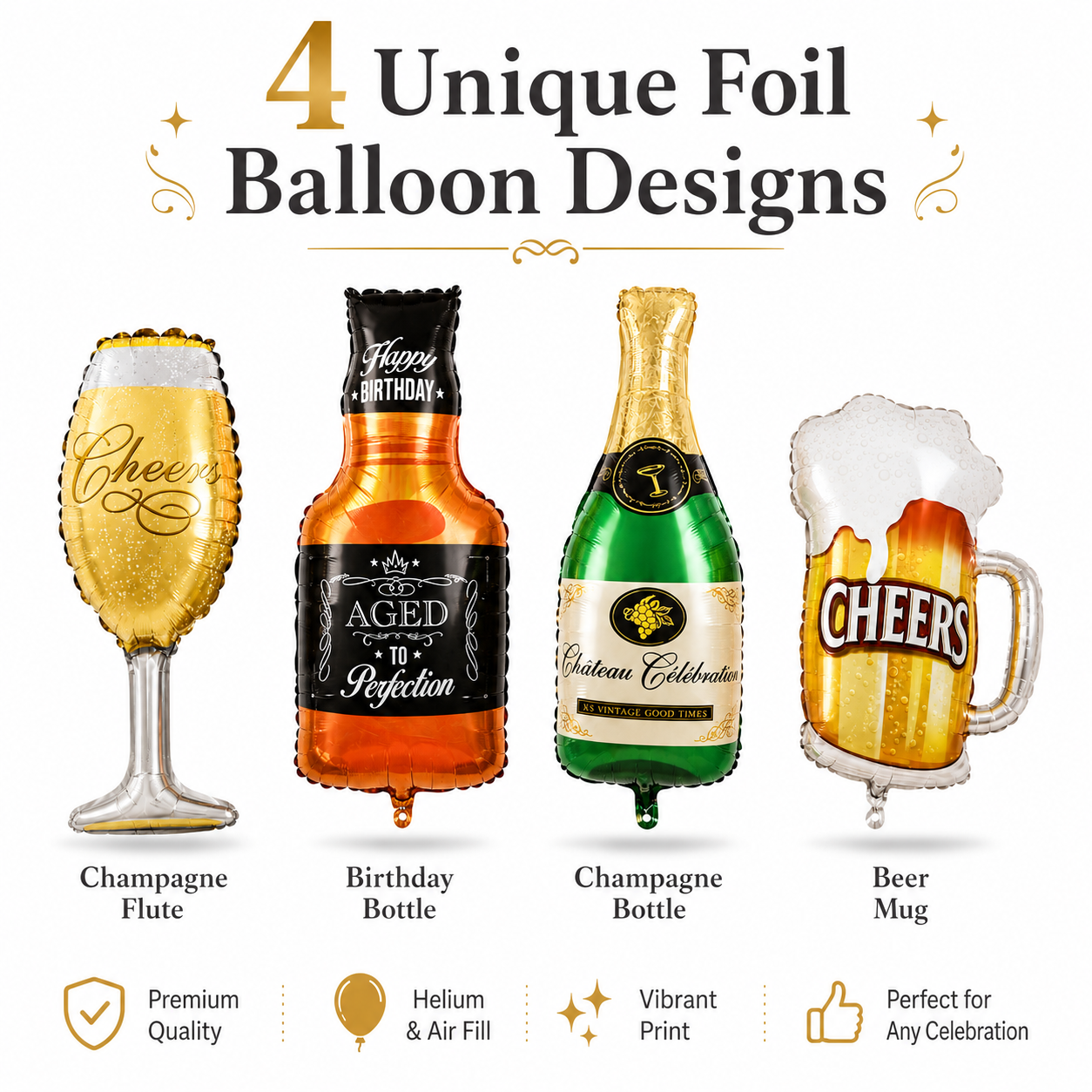 Cheers Beverage Bottle & Mug Shaped Foil Balloons- Set of 4PC