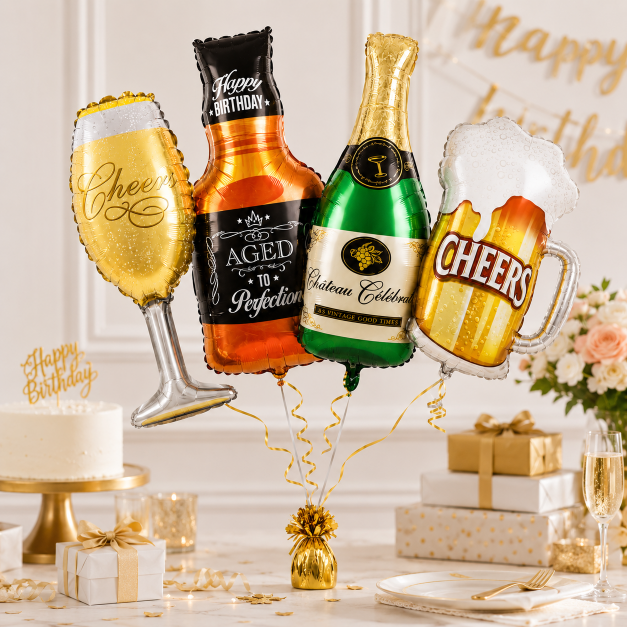 Cheers Beverage Bottle & Mug Shaped Foil Balloons- Set of 4PC