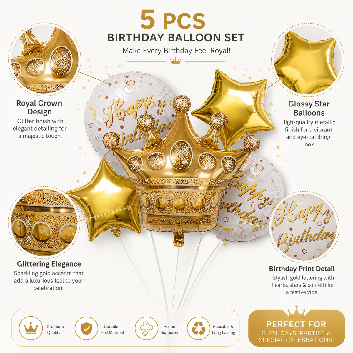 Crown Shaped Happy Birthday Balloon Set - 5PC