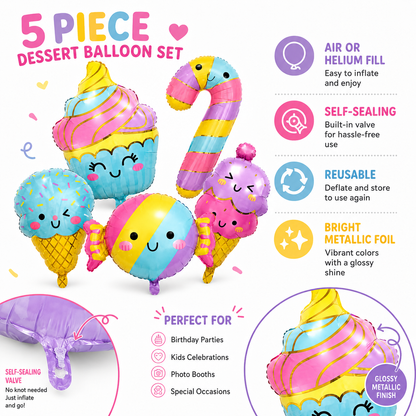 Candy & Ice Cream Shaped Foil Balloons Set - 5PC
