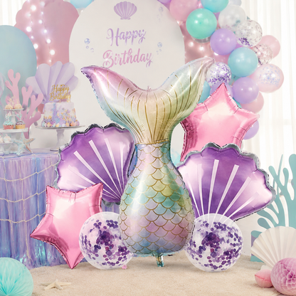 Mermaid Balloon Set with Purple Confetti Balloons - 7PC