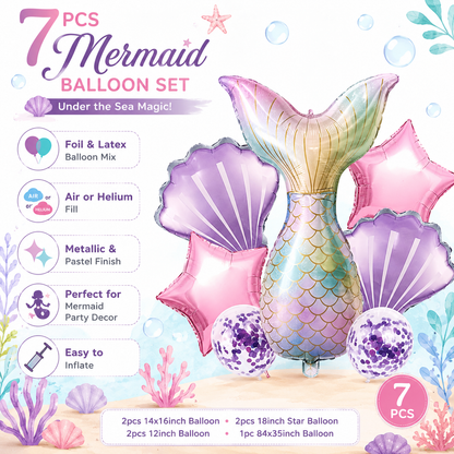 Mermaid Balloon Set with Purple Confetti Balloons - 7PC
