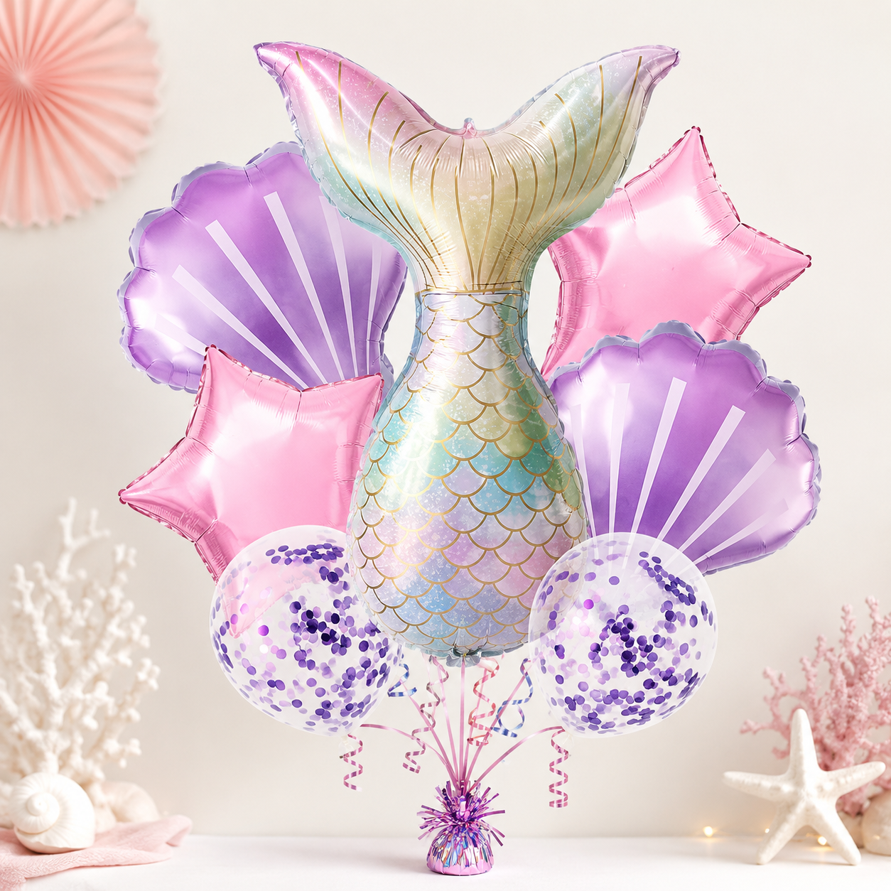 Mermaid Balloon Set with Purple Confetti Balloons - 7PC