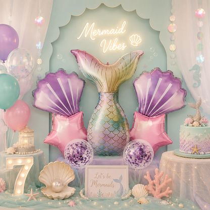 Mermaid Balloon Set with Purple Confetti Balloons - 7PC