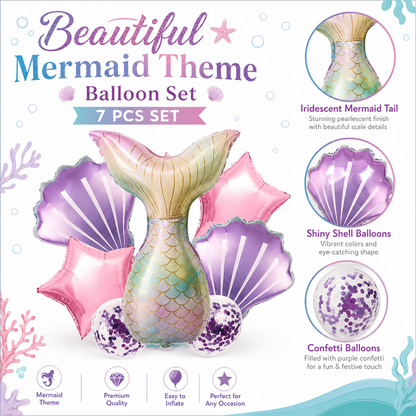 Mermaid Balloon Set with Purple Confetti Balloons - 7PC