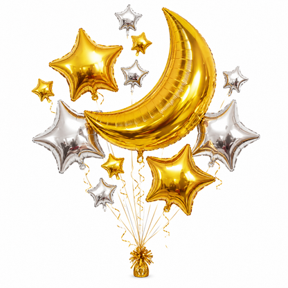 Golden Crescent Moon & Mini Stars Shaped Balloons Set - 13PC