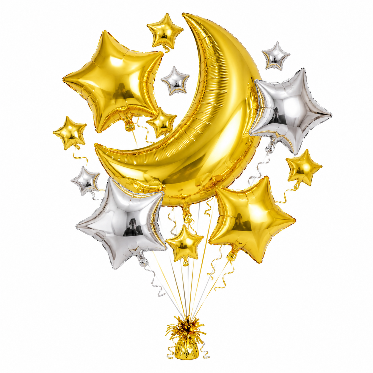 Golden Crescent Moon & Mini Stars Shaped Balloons Set - 13PC