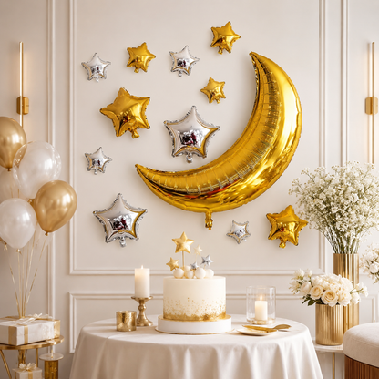 Golden Crescent Moon & Mini Stars Shaped Balloons Set - 13PC