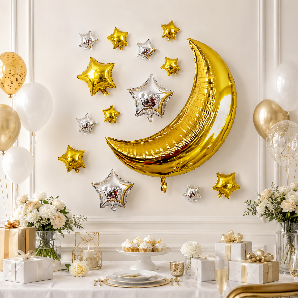 Golden Crescent Moon & Mini Stars Shaped Balloons Set - 13PC