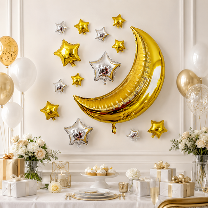 Golden Crescent Moon & Mini Stars Shaped Balloons Set - 13PC