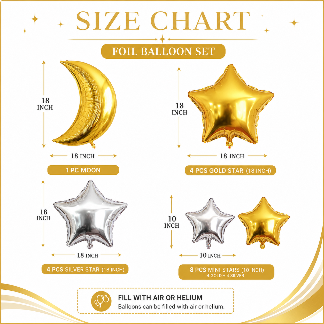 Golden Crescent Moon & Mini Stars Shaped Balloons Set - 13PC