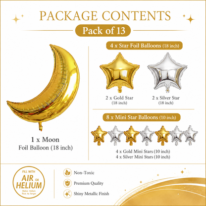 Golden Crescent Moon & Mini Stars Shaped Balloons Set - 13PC