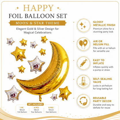 Golden Crescent Moon & Mini Stars Shaped Balloons Set - 13PC