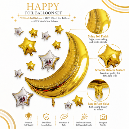 Golden Crescent Moon & Mini Stars Shaped Balloons Set - 13PC