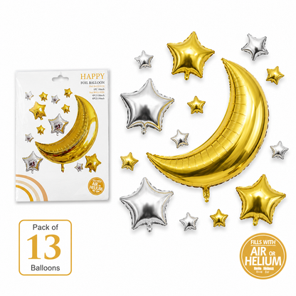 Golden Crescent Moon & Mini Stars Shaped Balloons Set - 13PC