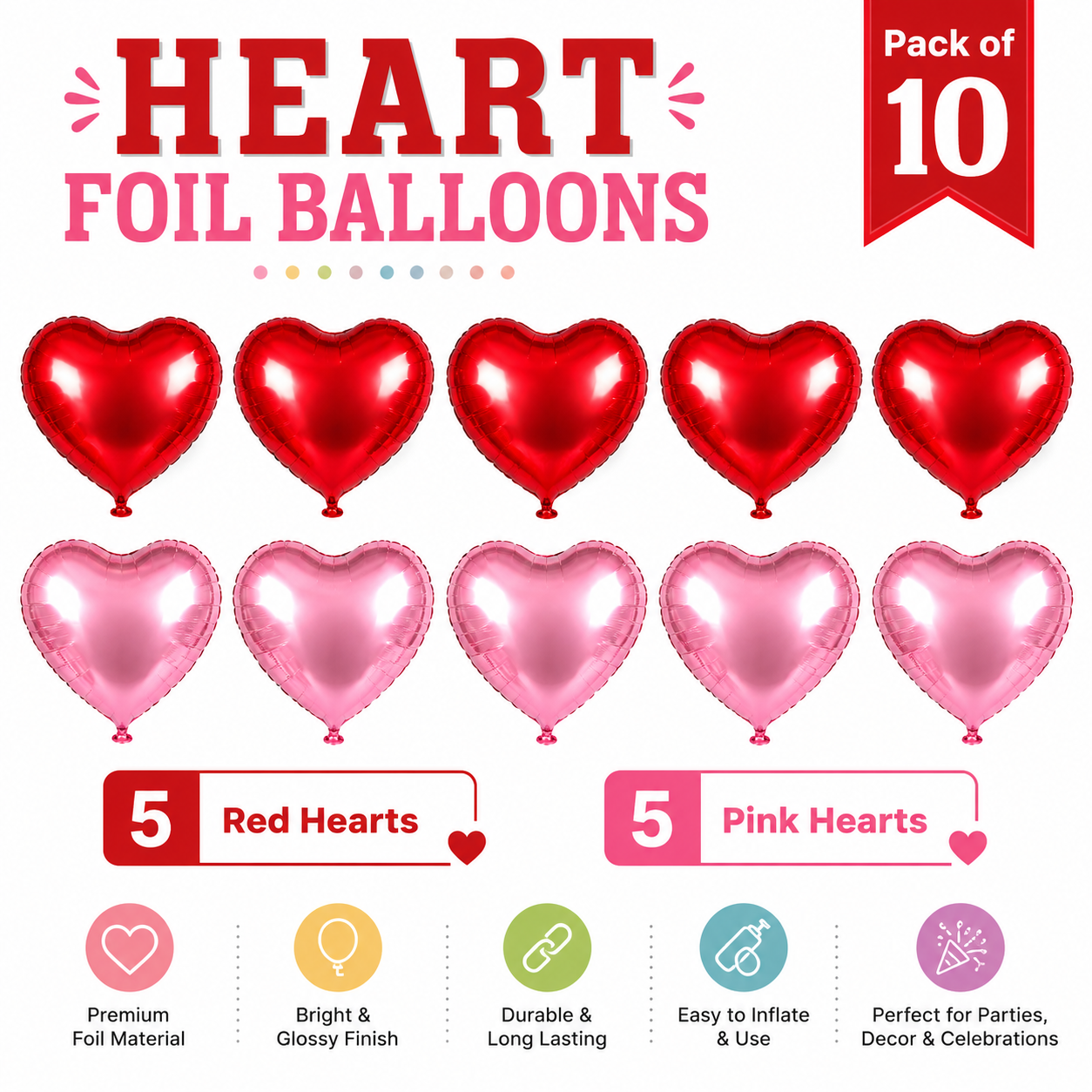 Red & Pink Heart Shaped Helium Quality Balloons - 10PC | 18 inches