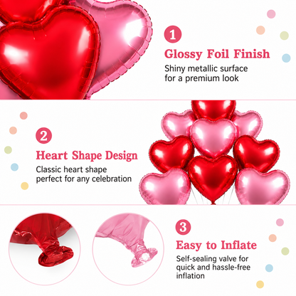 Red & Pink Heart Shaped Helium Quality Balloons - 10PC | 18 inches