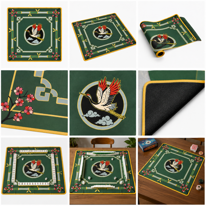 Mahjong Table Mat Green with Flying Bird Print - 31 x 31 inches