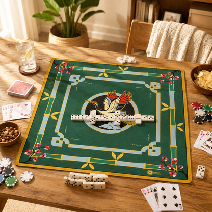 Mahjong Table Mat Green with Flying Bird Print - 31 x 31 inches