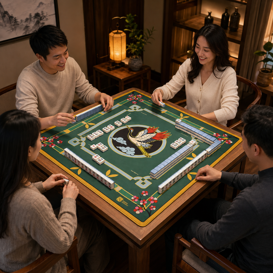 Mahjong Table Mat Green with Flying Bird Print - 31 x 31 inches