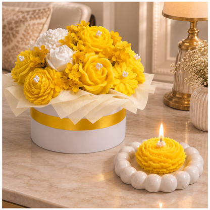 Yellow & White Flower Bouquet Aroma Candle Set with Tray