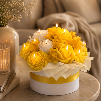 Yellow & White Flower Bouquet Aroma Candle Set with Tray