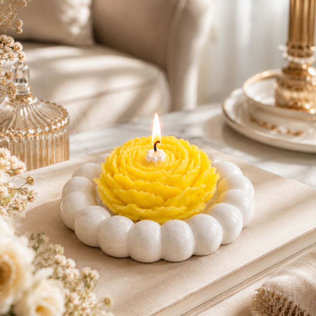 Yellow & White Flower Bouquet Aroma Candle Set with Tray