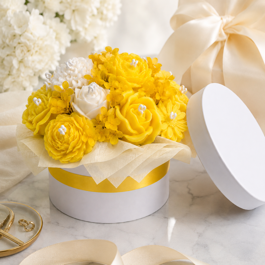 Yellow & White Flower Bouquet Aroma Candle Set with Tray