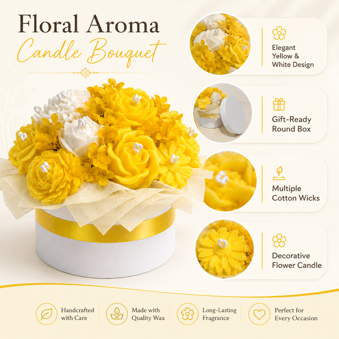Yellow & White Flower Bouquet Aroma Candle Set with Tray