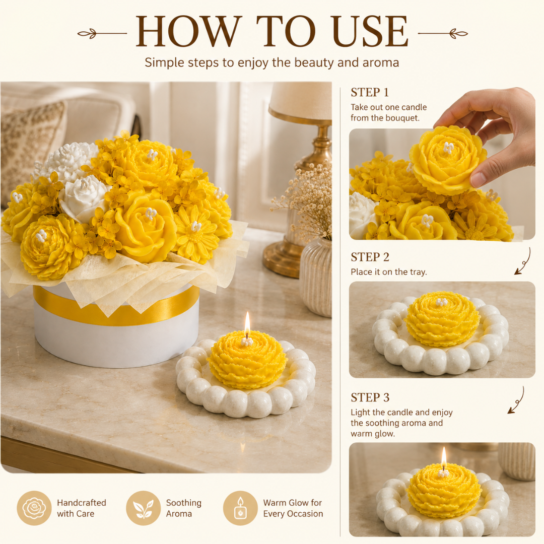 Yellow & White Flower Bouquet Aroma Candle Set with Tray