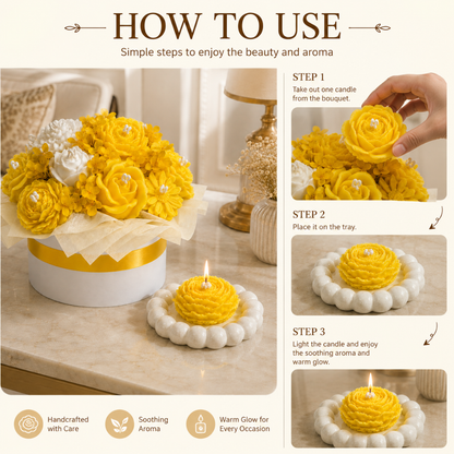 Yellow & White Flower Bouquet Aroma Candle Set with Tray