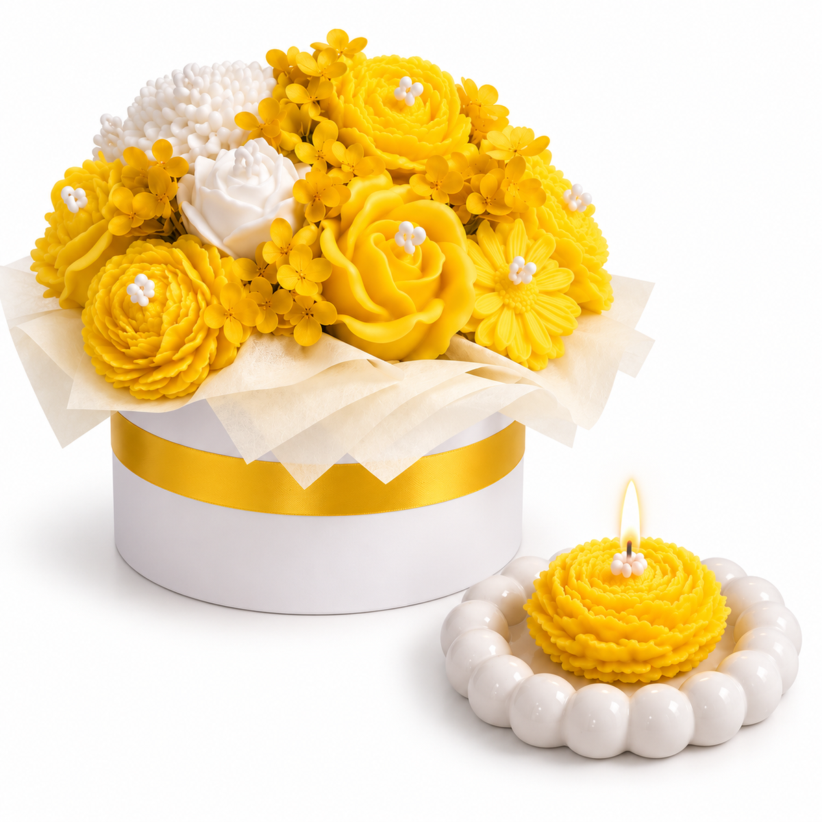 Yellow & White Flower Bouquet Aroma Candle Set with Tray