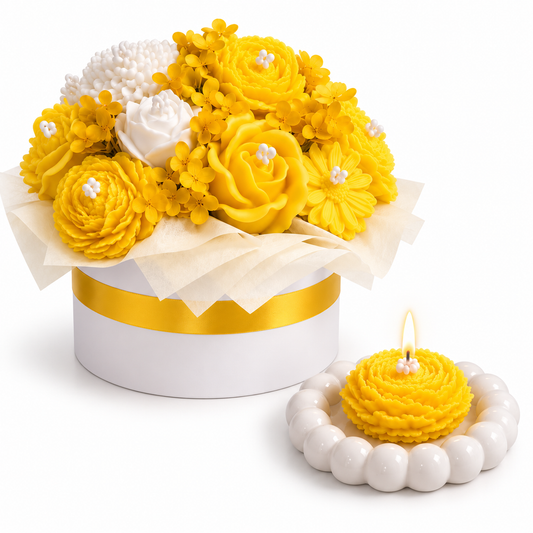 Yellow & White Flower Bouquet Aroma Candle Set with Tray