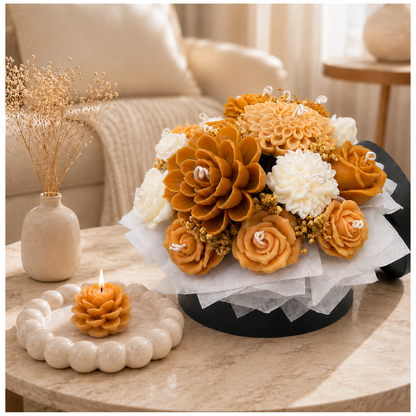 Beige & White Flower Bouquet Aroma Candle Set with Tray