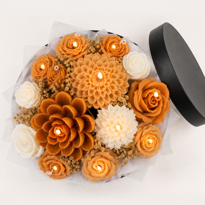 Beige & White Flower Bouquet Aroma Candle Set with Tray