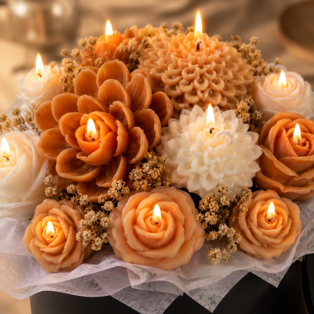 Beige & White Flower Bouquet Aroma Candle Set with Tray