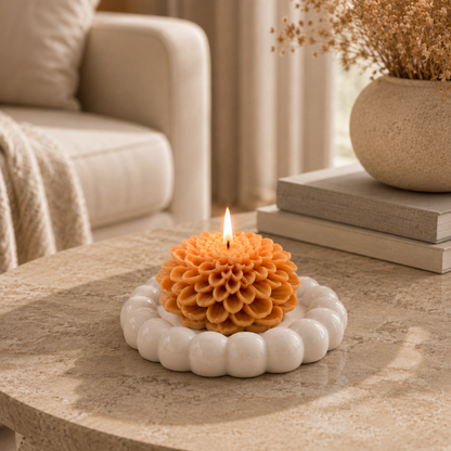 Beige & White Flower Bouquet Aroma Candle Set with Tray