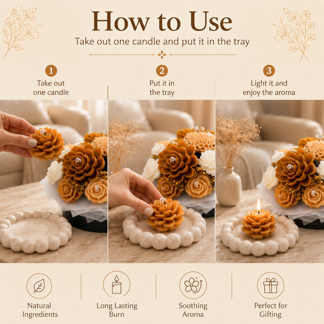 Beige & White Flower Bouquet Aroma Candle Set with Tray